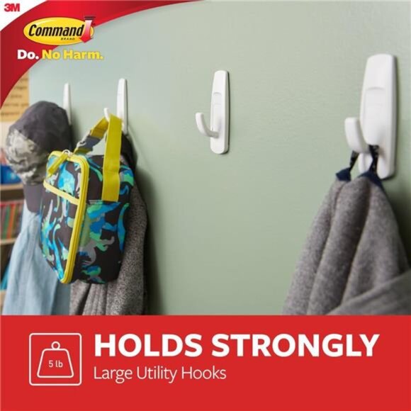 Large Utility Hooks, Holds up to 5 lb,14 Hooks and 16 Command Strips,Damage Free - Picture 3 of 7